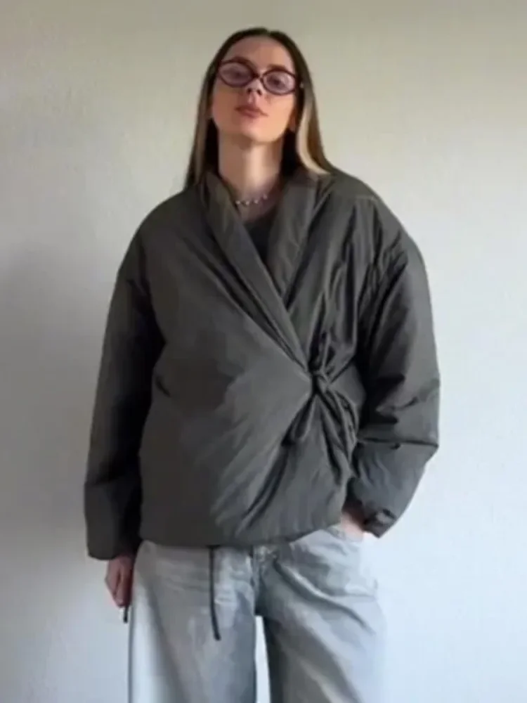 

Однотонный женский кардиган на шнуровке с V-образным вырезом, пальто, повседневные свободные простые пальто с длинным рукавом, Модные Винтажные зимние искусственные пальто