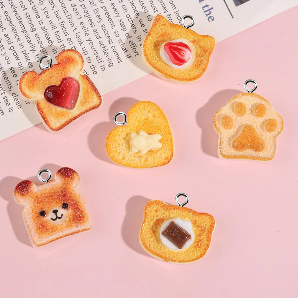 10 piezas de dijes de resina con forma de animales (corazón, oso, gato) y de garras lindas, con diseño de pan tostado y alimentos, para la fabricación de pendientes, collares, llaveros y joyería DIY