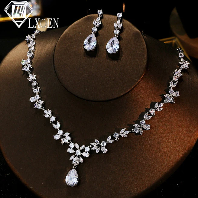 LXOEN Luxury White Color Flower Cluster AAA+ Cubic Zirconia Fashion Jewelry Set for Bridal Wedding Jewelry Drees