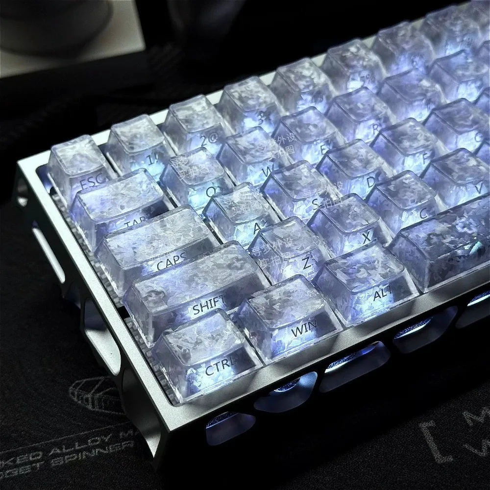 Teclas transparentes com textura de carbono de gelo – compatíveis com layouts de teclas HI75/F87/68/104; Conjunto de teclas PBT para switches MX