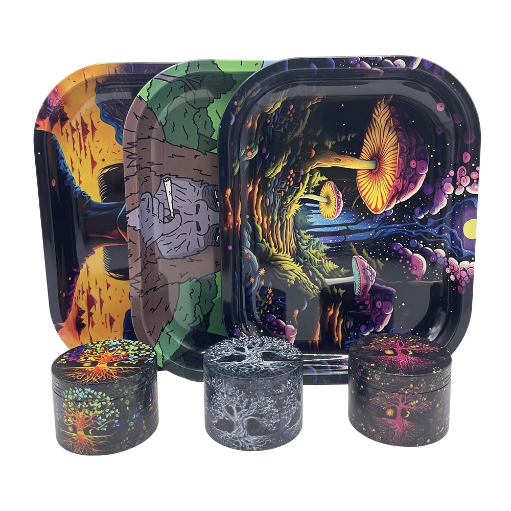 Kit de bandeja para laminar Metal, 18x14cm, con molinillo de hierbas ahumadas de 2 pulgadas y 50MM, juego de tabaco, herramienta para especias y hierbas, regalo
