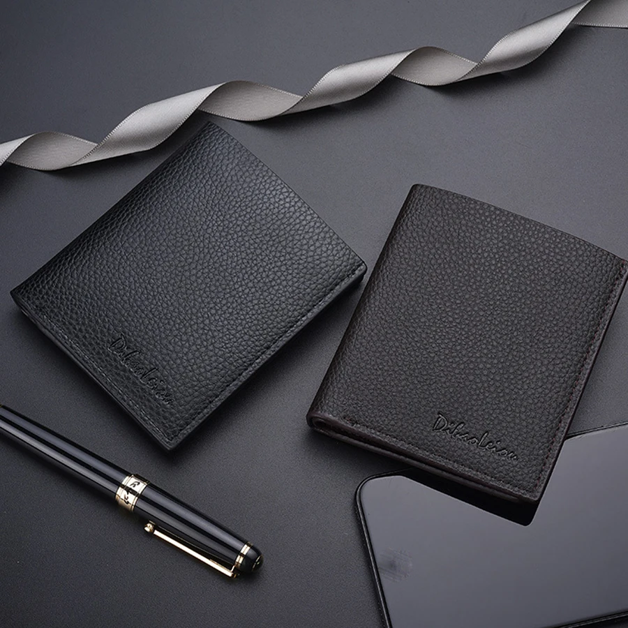 

2 dobras carteira masculina Litchi grain clutch coin purse portátil short business wallet couro