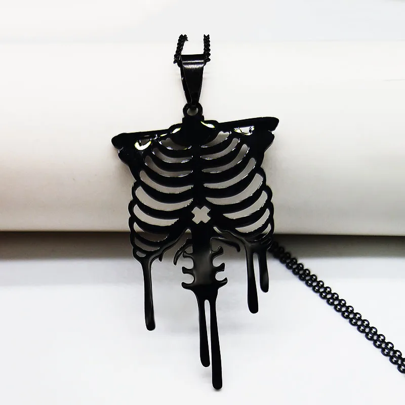 Gothic Skull Stainless Steel Necklace for Men Black Color Thoracic Rib Necklaces Pendants Jewelry colgante hombre ZZZ957-QKC