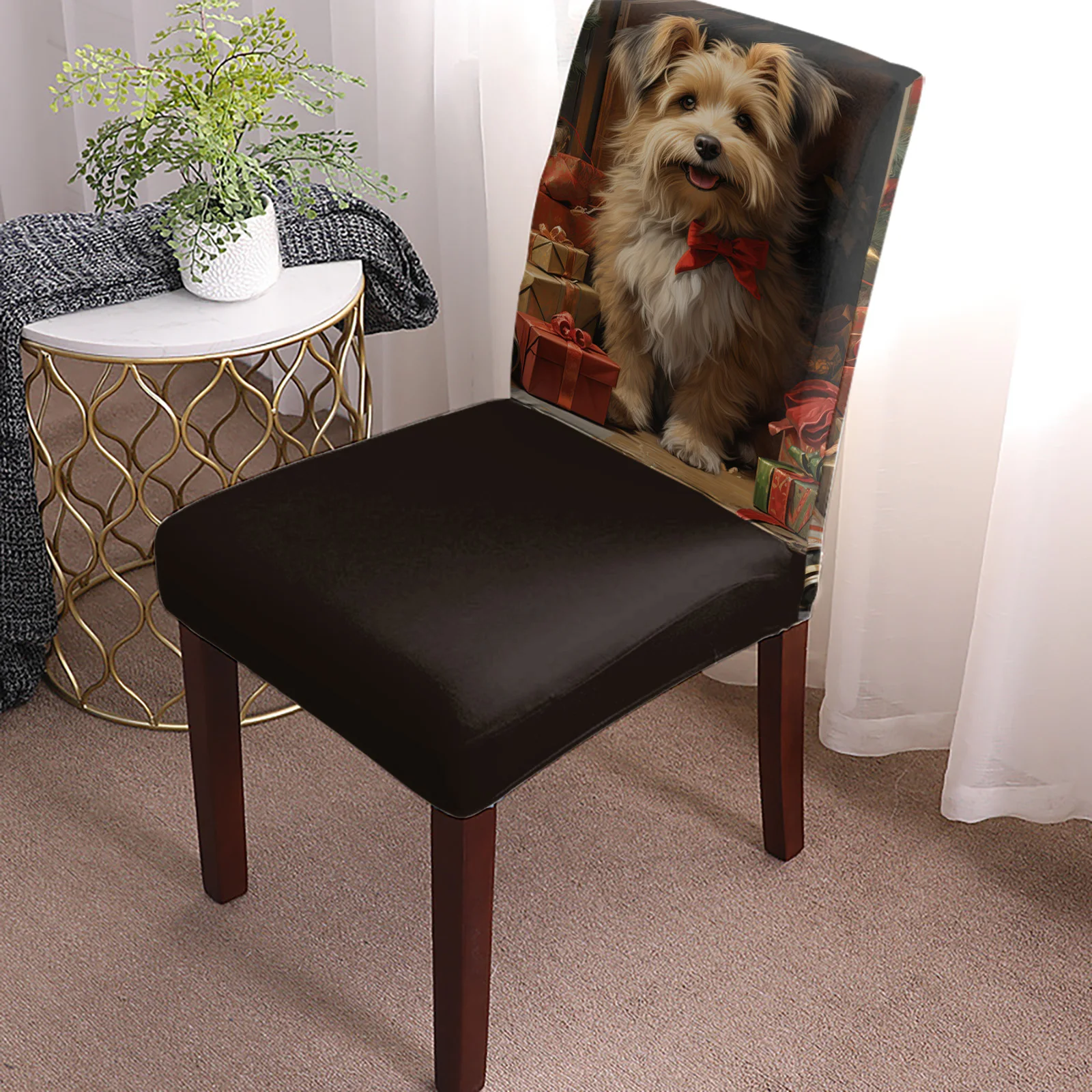 Christmas Oil Painting Dog Chair Cover Set Kitchen Stretch Spandex Seat Slipcover Christmas Decor Dining Room Seat Cover