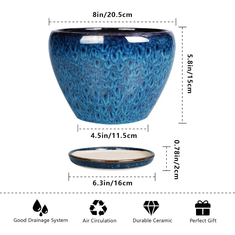 Vaso de cerâmica azul de 8 polegadas com furo de drenagem e pires para plantas internas e externas