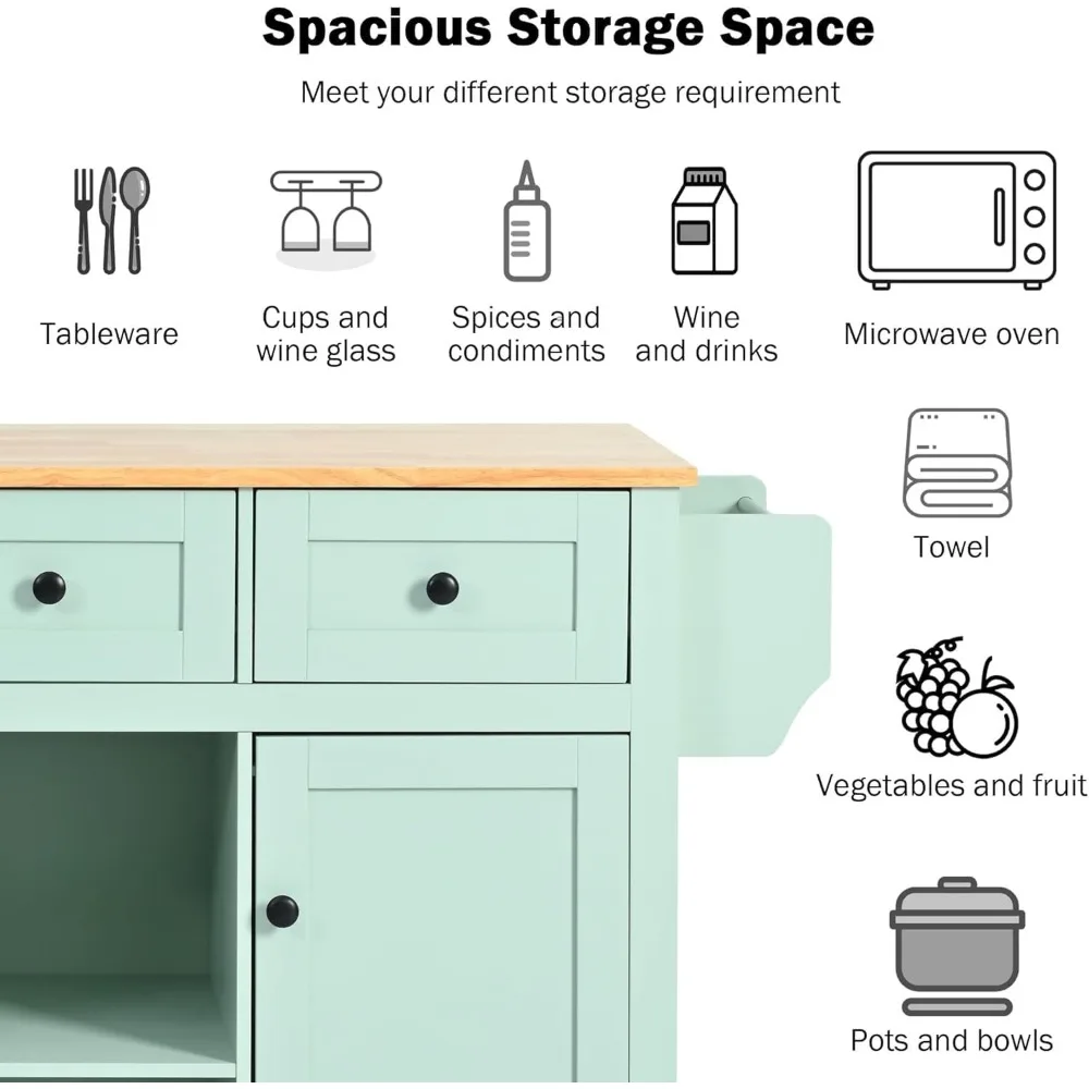 Kitchen Island Cart avec chute de bois en caoutchouc, dessus de seau en cuir chevelu, sur 5 roues avec armoire de rangement et 3 égouts de proximité pour salle à manger, vert menthe