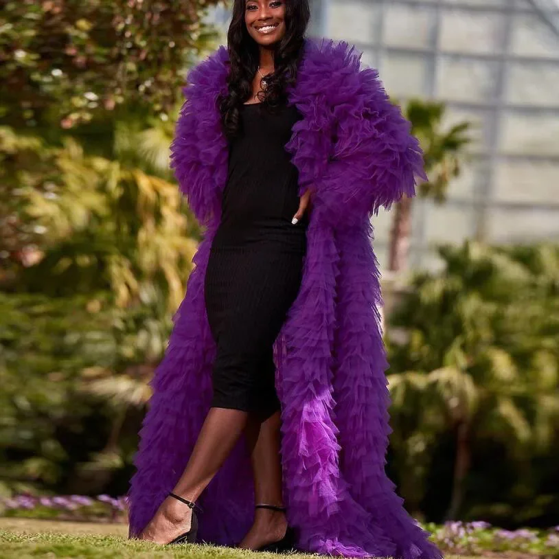 Preciosa Chaqueta larga de tul escalonado con volantes de color morado oscuro, traje de mujer de tul drapeado de manga larga para escenario drag queen