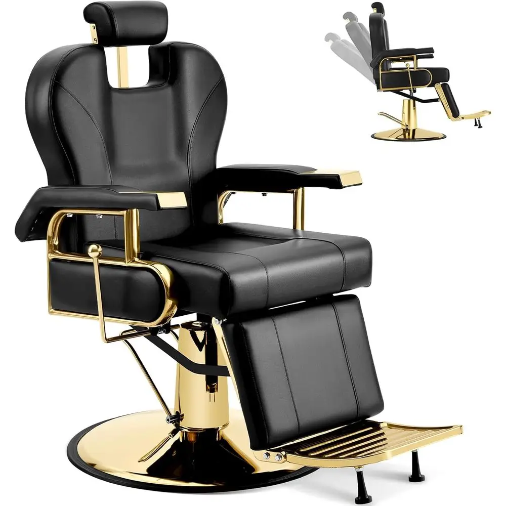

Stylish Black Gold Barber Chair with Adjustable Headrest, 360° Swivel, Reclining for Hair Stylists, 500lbs Capacity, Suitable fo