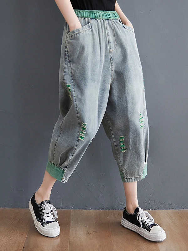 กางเกงยีนส์เอวสม็อคผู้หญิง ไซส์ใหญ่ สำหรับฤดูร้อน แบบเจาะรู สไตล์ลำลอง ฮาราจูกุ ทรงเจ็ดฟุต ช่วยให้ดูผอม