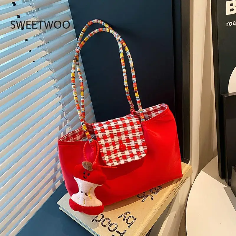 Sweet Girl Colorful Handle Tote Bag, Checkered Flap Nylon Shopper Bag with Removable Charm