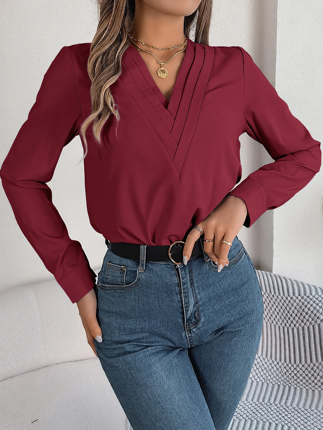 Casual Solid Color V Neck  Long Sleeve Blouse For Spring & Fall, Women\'s Clothing