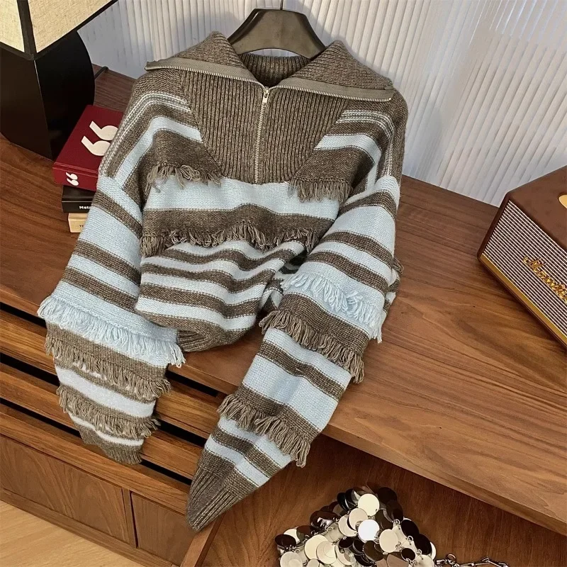 Pullovers Women Half-zip Turn-down Collar Striped Casual Tassel Design Young Autumn Winter Knitted Sweaters Ulzzang Harajuku