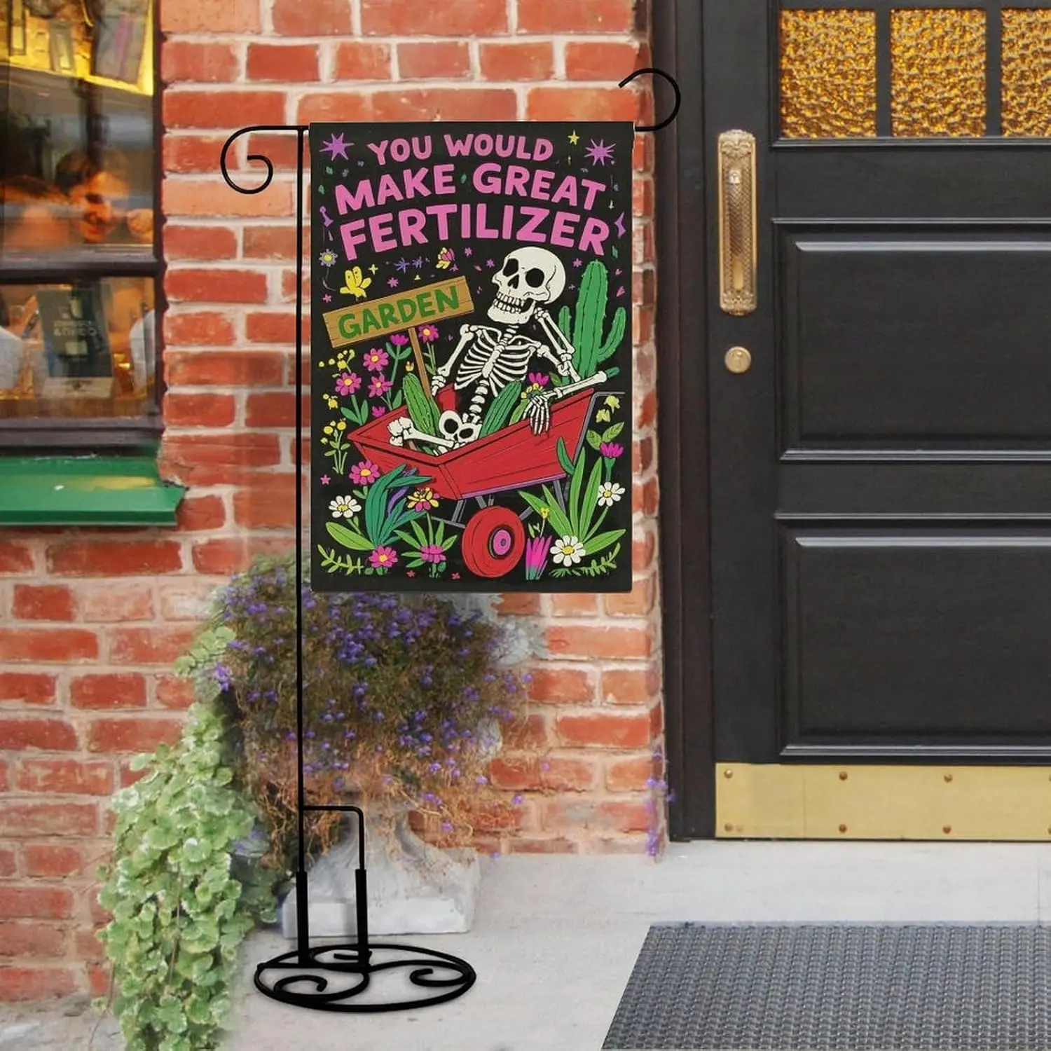 Garden Flag “Halloween Skeleton You Would Make A Great Fertilizer” Double Sided 12x18 In Burlap Seasonal Yard Decoration for PPM