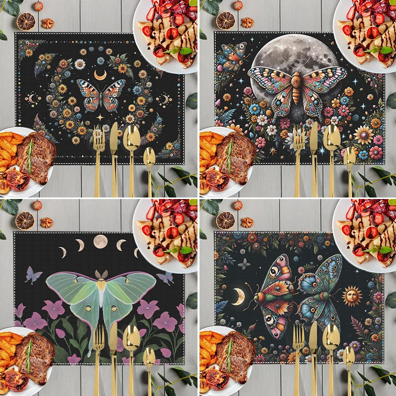 

Mysterious Moth Moon Phase Placemat for Dining Coffee Cup Coaster Table Decor Non Slip Kitchen Accessories Dish Drying Pads