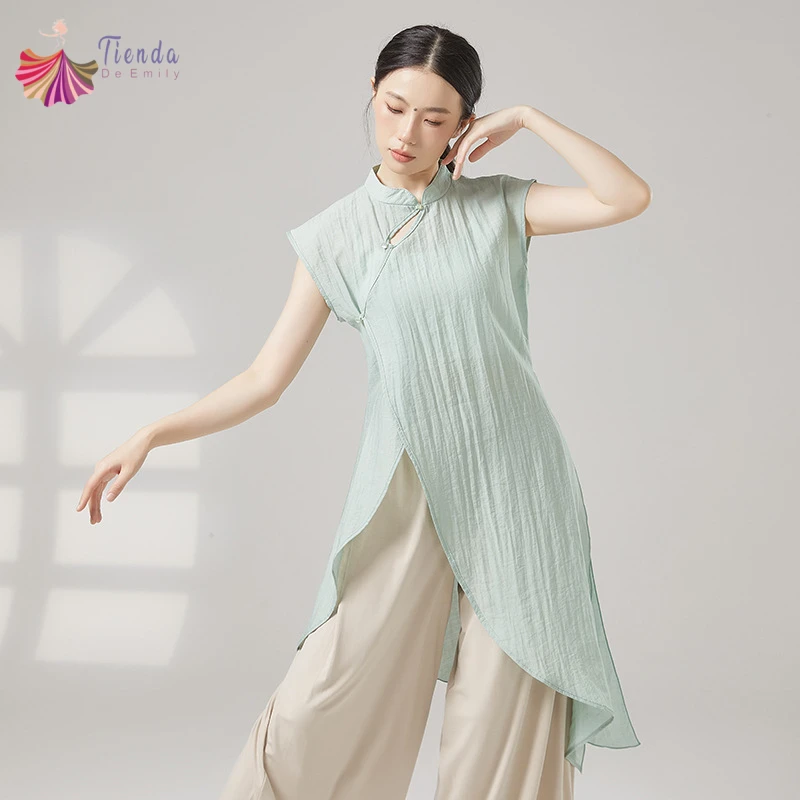 Classical Dance Costumes Women Vintage Qipao Collar Hanfu Tops Long Dress Short Sleeve Shirt Irregular Hem Performance Clothes