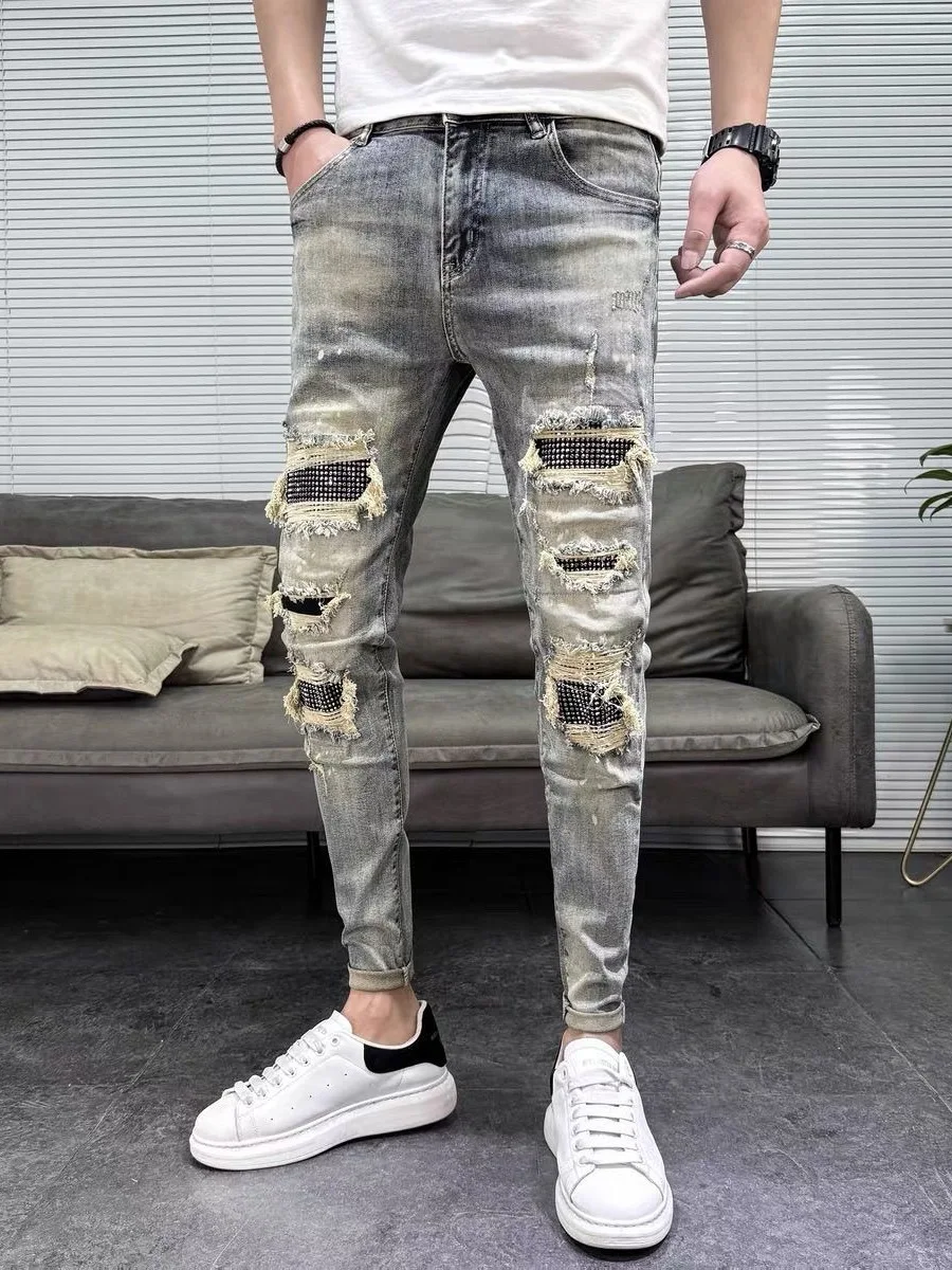 

Высококачественные мужские джинсы в стиле ретро с пэчворком и дырками, эластичные облегающие повседневные дышащие длинные брюки для молодежи