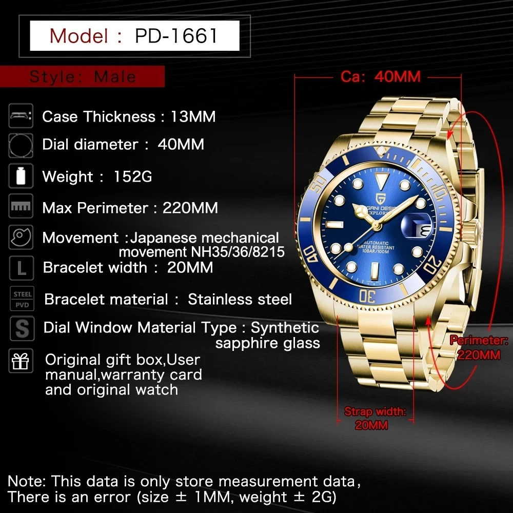 PAGANI DESIGN 40mm Men\'s Mechanical Watch Sapphire Stainless Steel Gold Case Waterproof Business NH35 Watch Men PD-1661 