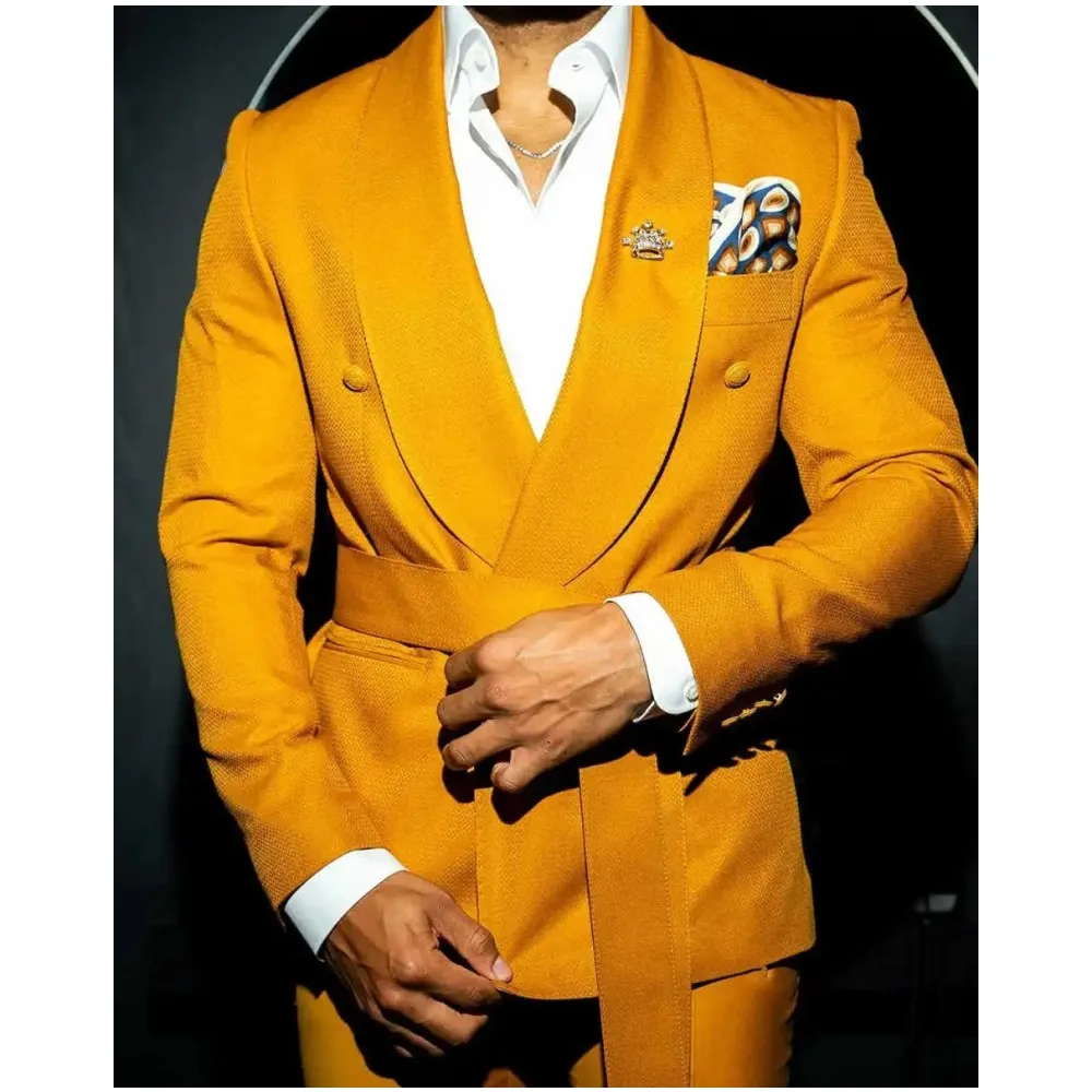 

Modern Men Suits With Belt Shawl Lapel Tuxedo Wedding Groom Wear Custom 2 Pcs Jacket Pants Business Evening Party Male Clothing