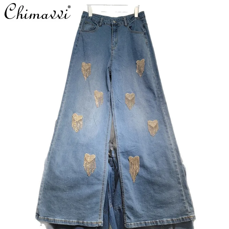 패션 핫 다이아몬드 프린지 와이드 레그 진 여성 2025 여름 신상 하이 스트릿 스트레이트 팬츠 큰 사이즈 여성 데님 팬츠