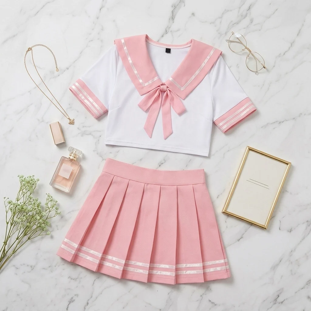 Women's Japanese School Girl Uniform Set Cropped Sailor Top and Striped Pleated Mini Skirt for Anime Cosplay Halloween Role Play
