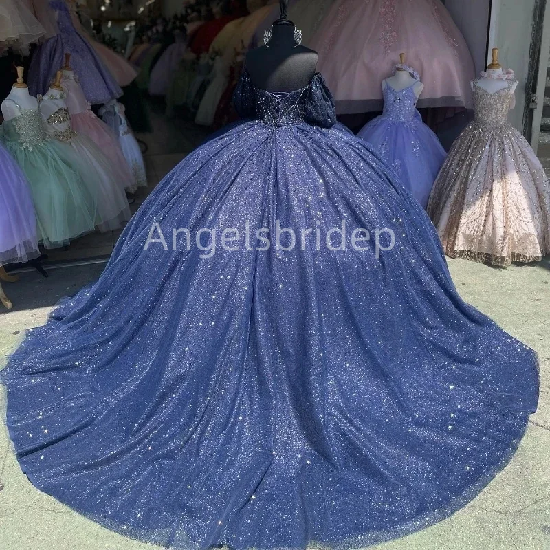 Angelsbridep Sparkly Vestido De 15 Años Navy Blue Ball Gown Quinceanera Dress Luxury Beading Girls Evening Party Dresses