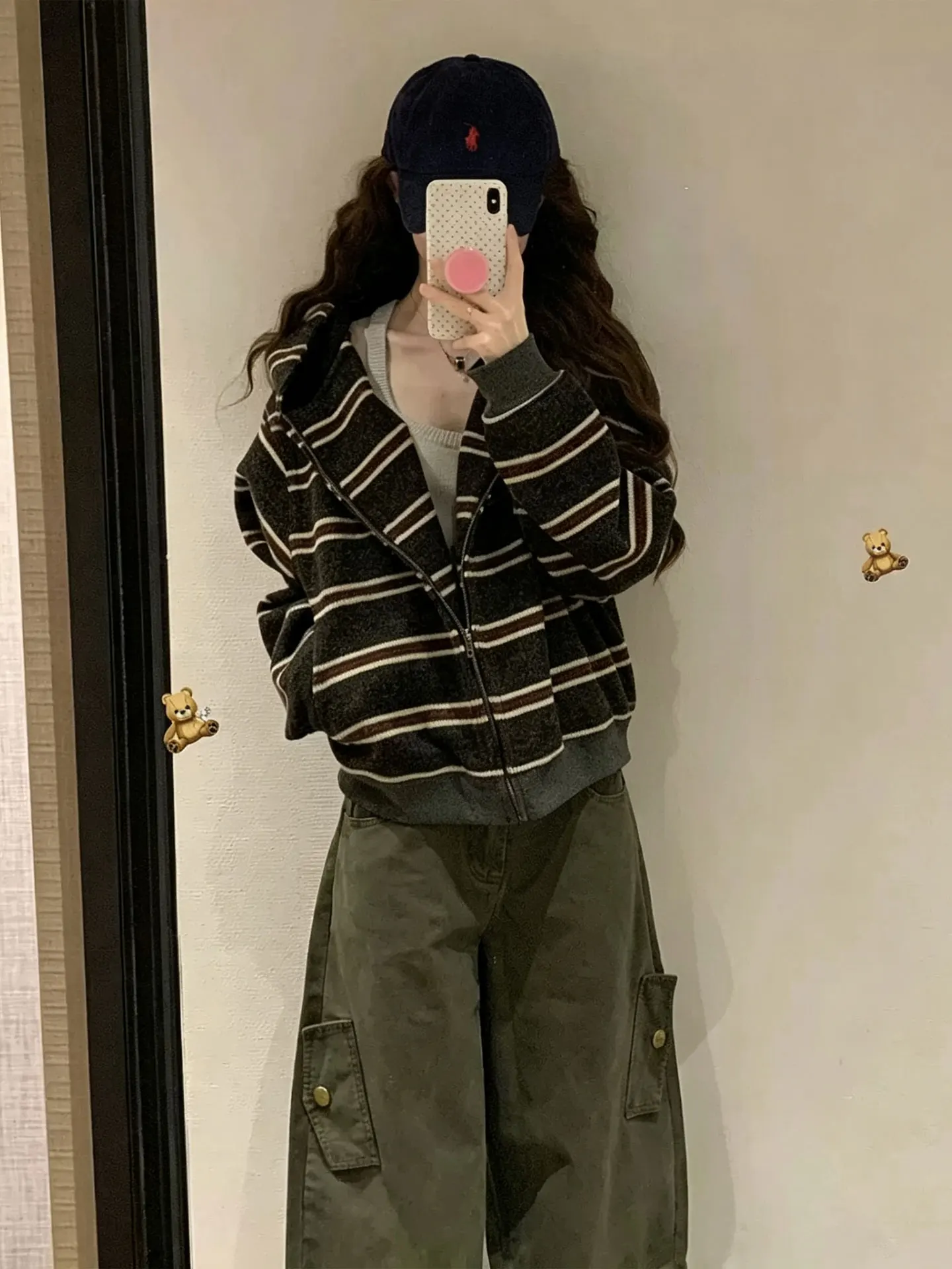 American Retro Striped Zipper Sweater Women's Loose Design Slimming Versatile Lazy Outerwear Casual Straight Tube Style