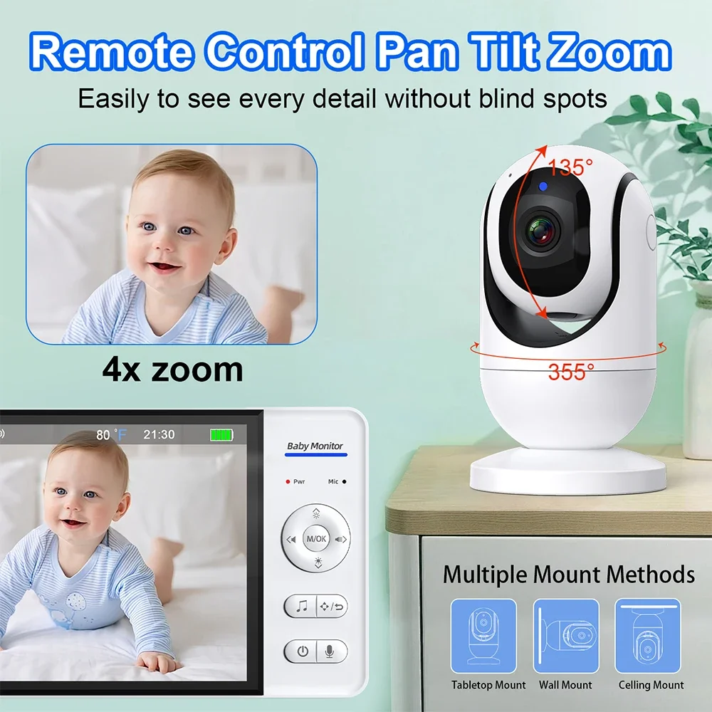 7 Inch Video Baby Monitor Night Vision No WiFi 4X Zoom Temperature Monitoring Two Way Audio Talk Baby Nanny Security PTZ Camera view 2
