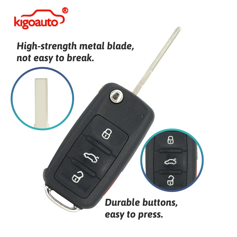 

kigoauto FCC NBG010180T Remote Flip Key shell 4 button for VW CC Beetle 2014 P/N 5K0837202R 5K0837202A 5K0837202AE