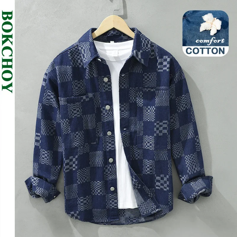 Spring and Autumn New Retro Plaid Shirts for Men Clothing Casual Loose Cotton Comfortable Turn-down Collar C6657