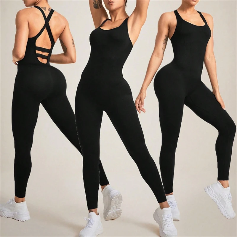 Workout Jumpsuits For Women Sexy Sleeveless Hollow Gym Bodycon Seamless Yoga Rompers Cross Straps