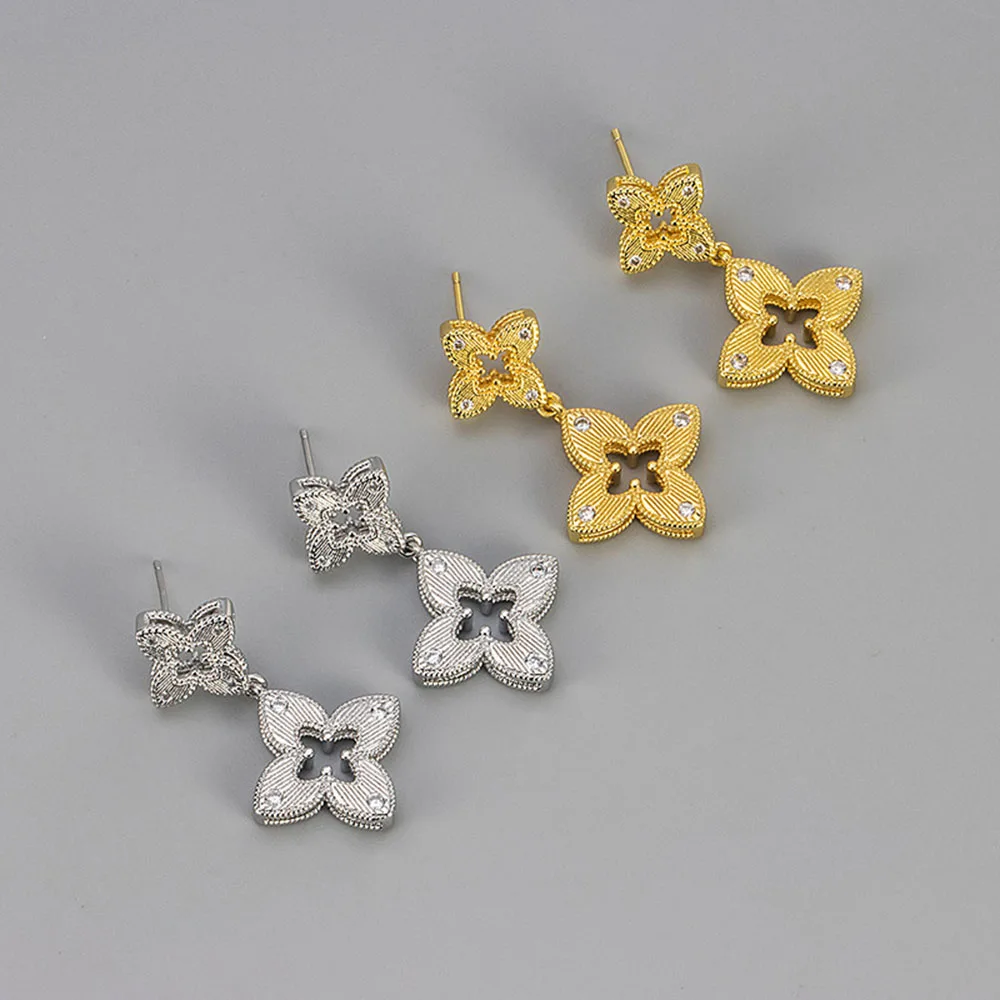Elegant French Chic Hollow Four Leaf Flower Stud Earrings Women's Versatile Simple High End Feeling Ear Jewelry Accessories