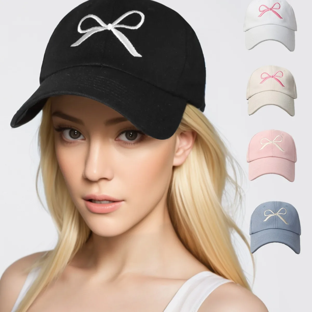 New Summer Cotton Korean Bow Baseball Cap Pink Embroidery Butterfly Girl Solid Color Visor Hat For Women Adjustable Sunshade