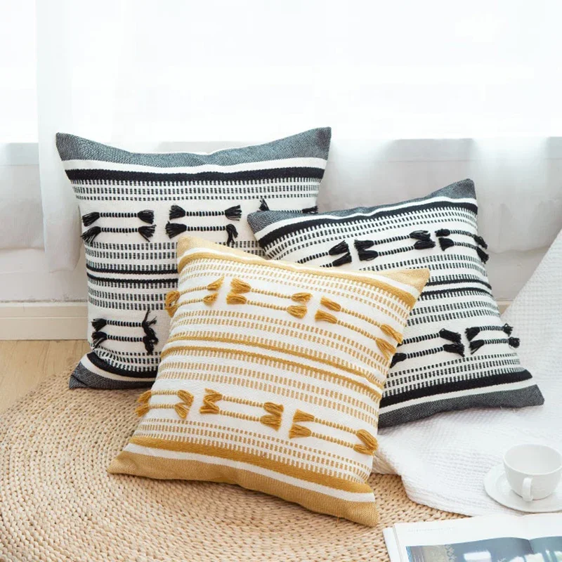 

Yellow Black Geometric cushion cover Tassels pillow cover Woven for Home decoration Sofa Bed 45x45cm/30x50cm