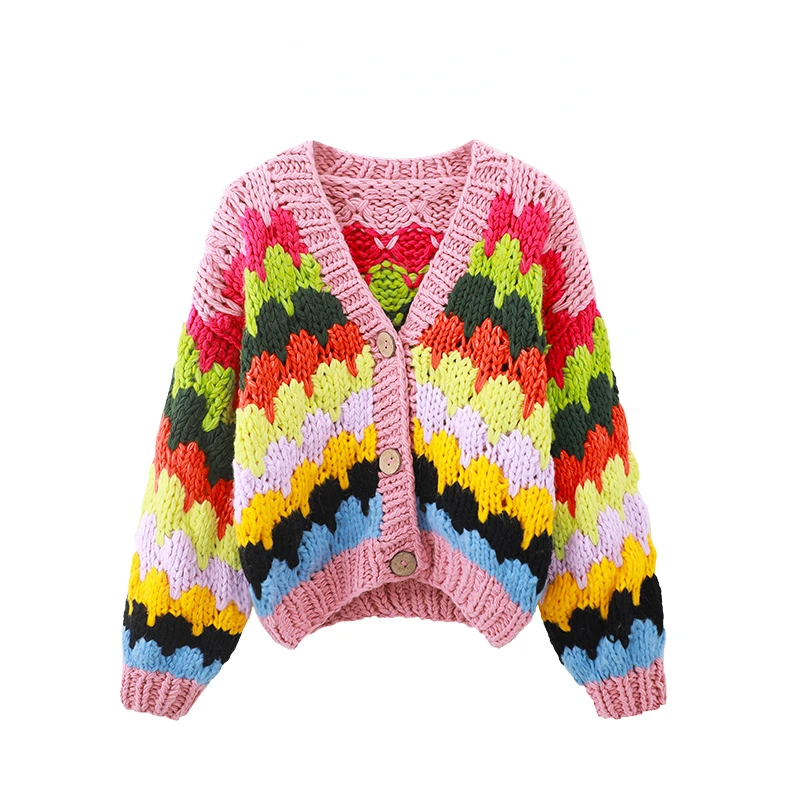 

Women Colorful Bohemian Chunky Knit Handmade Bulky Cardigan Warm 2023 Autumn Winter New In