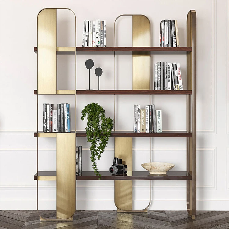 Modern Custom Home Decoration Gold Bookshelf Metal Wooden Bookshelf Storage Shelf Bookcase Furniture Stainless Steel Screen