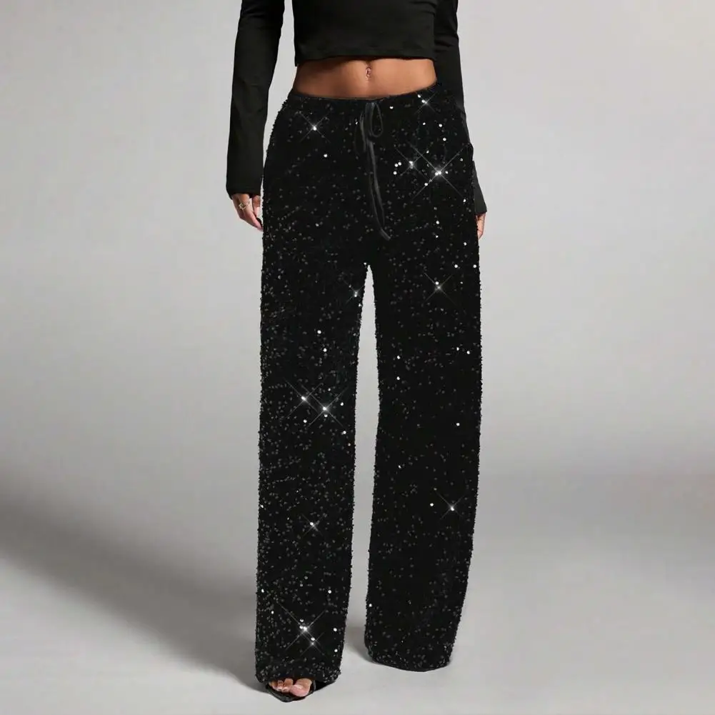 Pantalon à paillettes pour femmes, cordon de serrage, doux, élastique, taille basse, jambes larges, nouvelle dame, automne hiver, vêtements d'extérieur pour les déplacements, 2025