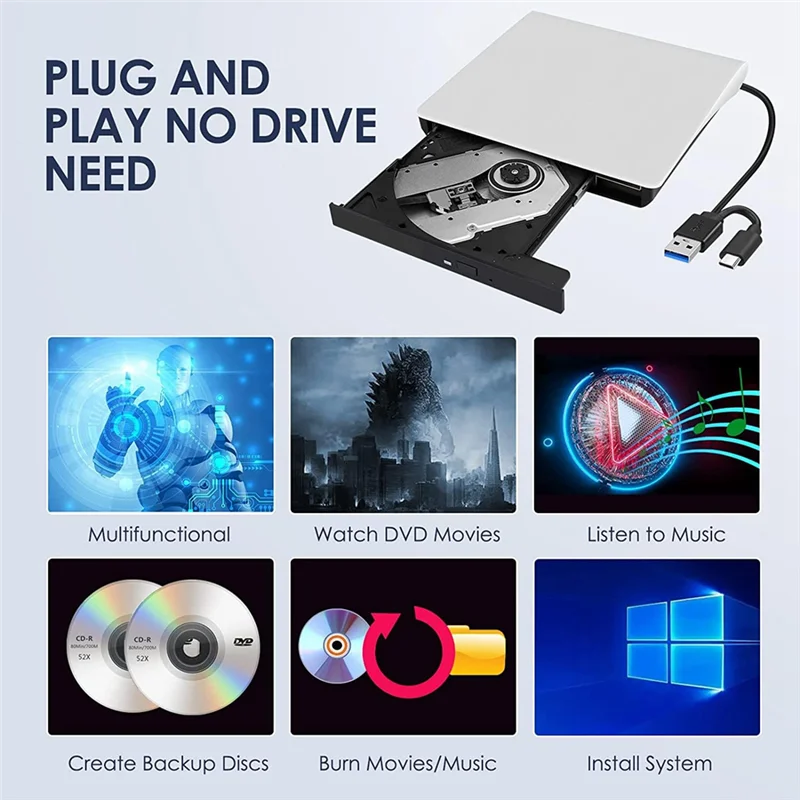ABFN-محرك أقراص CD DVD +/-RW خارجي، USB 3.0 وUSB-C مشغل أقراص مضغوطة وأقراص DVD ROM محمول قارئ قارئ محرك أقراص إعادة الكتابة