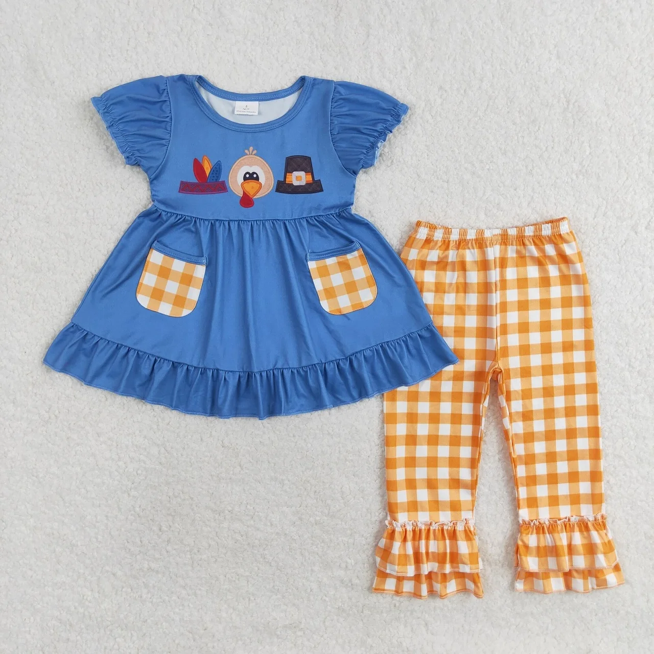 

Wholesale Baby Girl Short Sleeves turkey Pocket Blue Tops Kids Set Toddler Children Ruffle Plaid Pants Thanksgiving Outfit