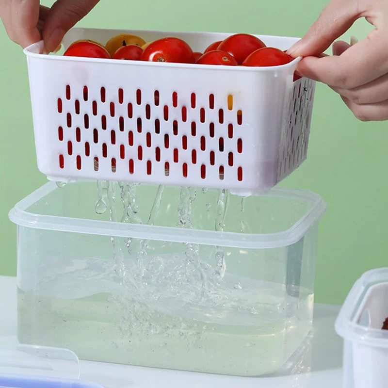 Fruits Vegetables Preservation Box Transparent Double-Layer With Drain Basket Sealed With Cover Kitchen Refrigerator Storage Box