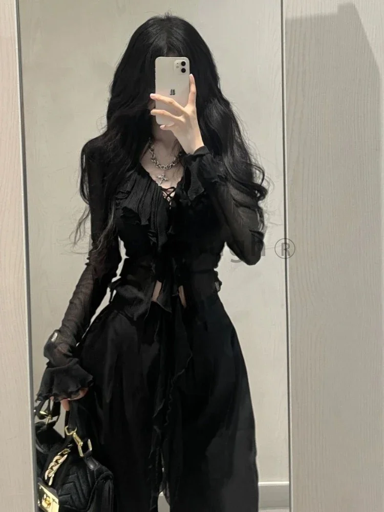 Autumn 2000s Elegant 2 Piece Sets Women Ruffles Long Sleeve Cardigan +Y2k High Waist Loose Wide Leg Pants Female Chic Clothing