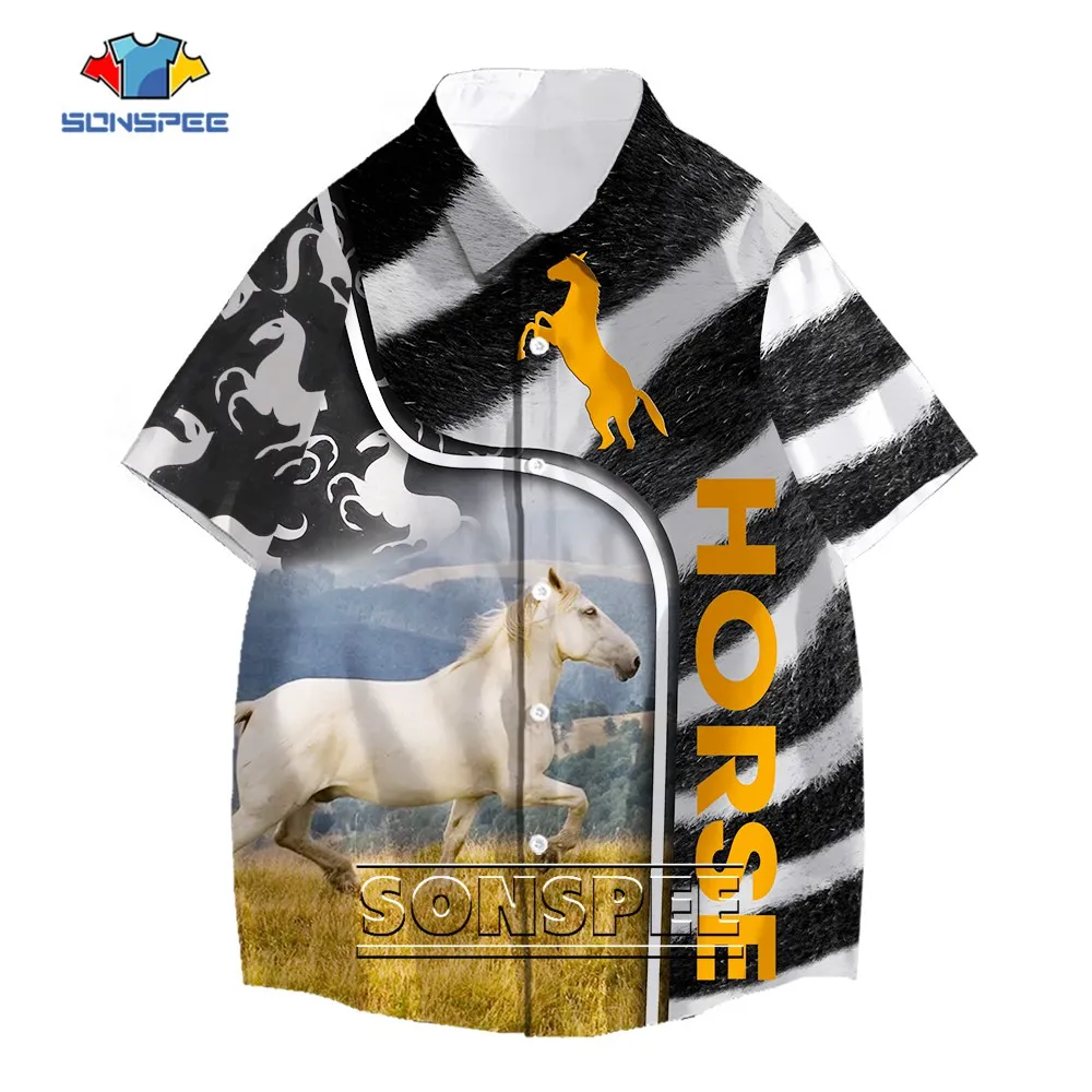 SONSPEE Summer 3D Print Harajuku Animal Horse Blouse Oversized Love Horse Shirts Turn-down Collar Zebra Stripe Tops for Men