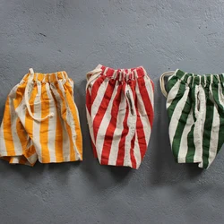 Pantalones cortos de algodón y lino a rayas para niños, Shorts informales a la moda de 1 a 6 años, novedad de verano, 2024