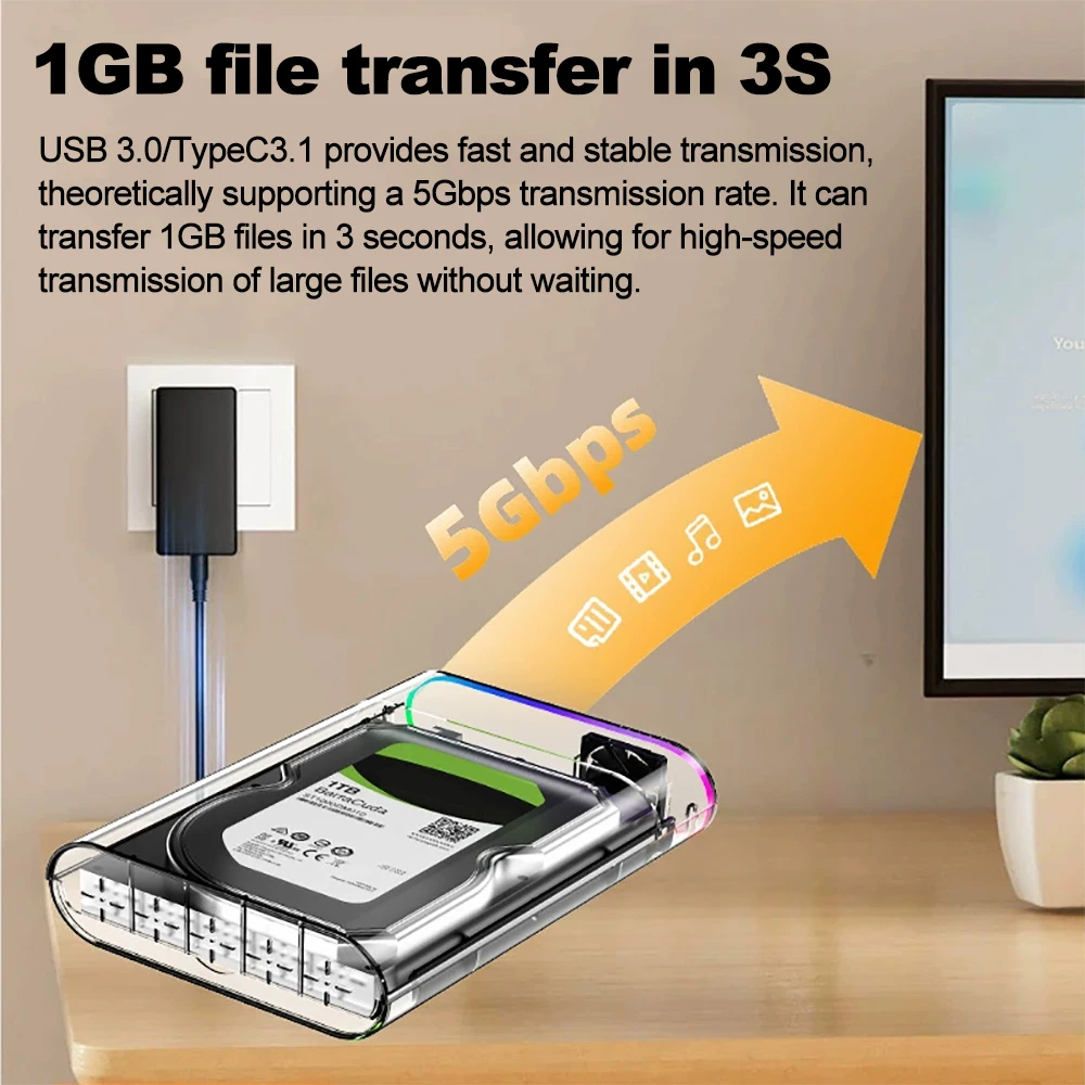 2.5/3.5인치 HDD/SSD 외장 케이스 투명 USB 3.0 타입 C to SATA 외장 하드 케이스 28TB SSD 지원 RGB 다채로운 조명 내장 팬