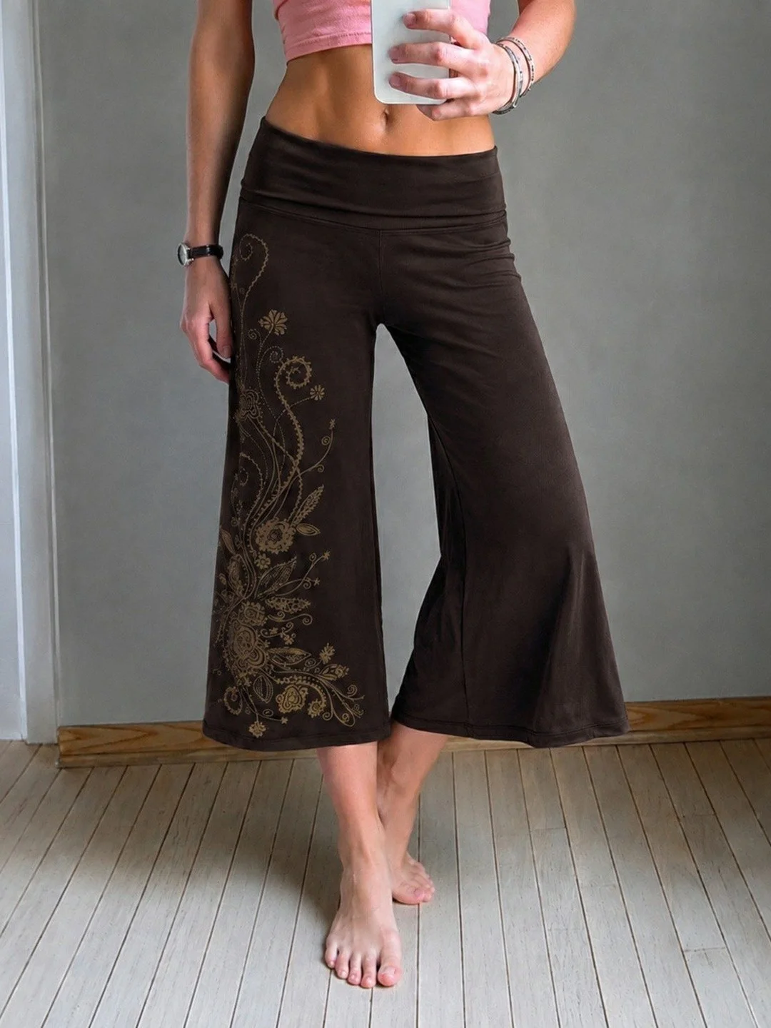 Floral Print Micro Flared Cropped Pants Low Waist Elastic Waist PVC Fabric Plant Floral Patterned Straight Leg Pants for Women