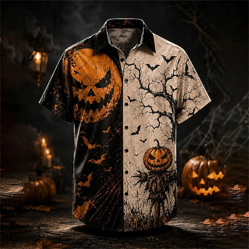 2026 Halloween Men's Short-Sleeve Shirt with Pumpkin and Bat Print Casual Loose-Fit Holiday and Vacation Shirt Stylish Men's Top
