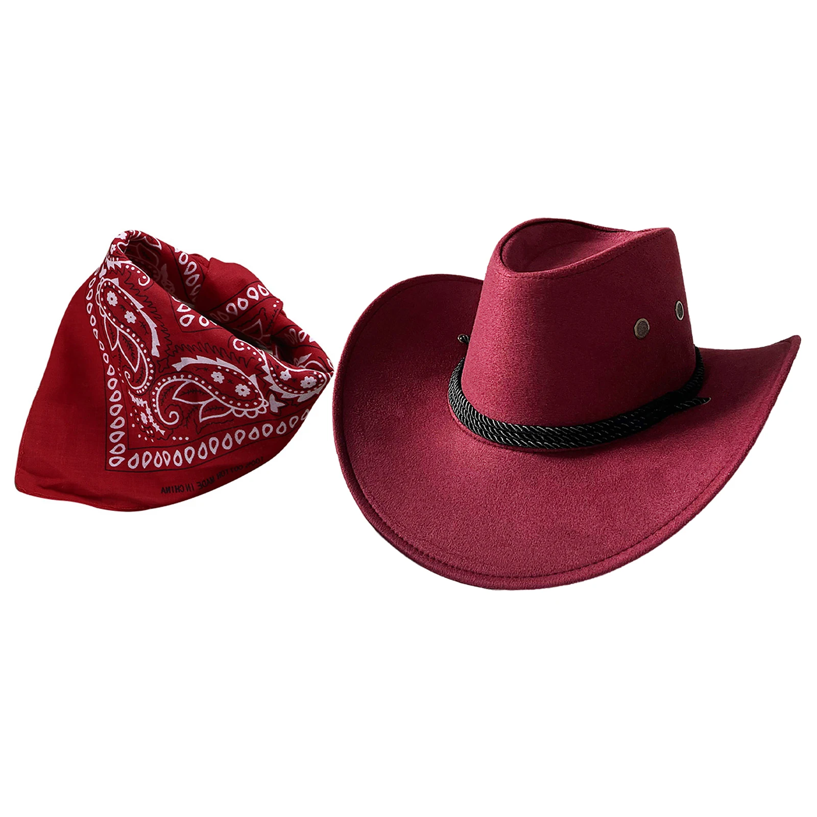 2 Pieces Western Cowboy Cowgirl Accessories Hat with Paisley Bandana for Halloween Party Festivals Holiday Cosplay Dress Up