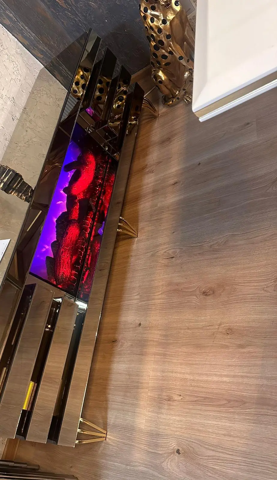 *Modern Luxury Wooden Gold Coffee Table with Bluetooth Connection and Electronic Fireplace Style Living Room Furniture