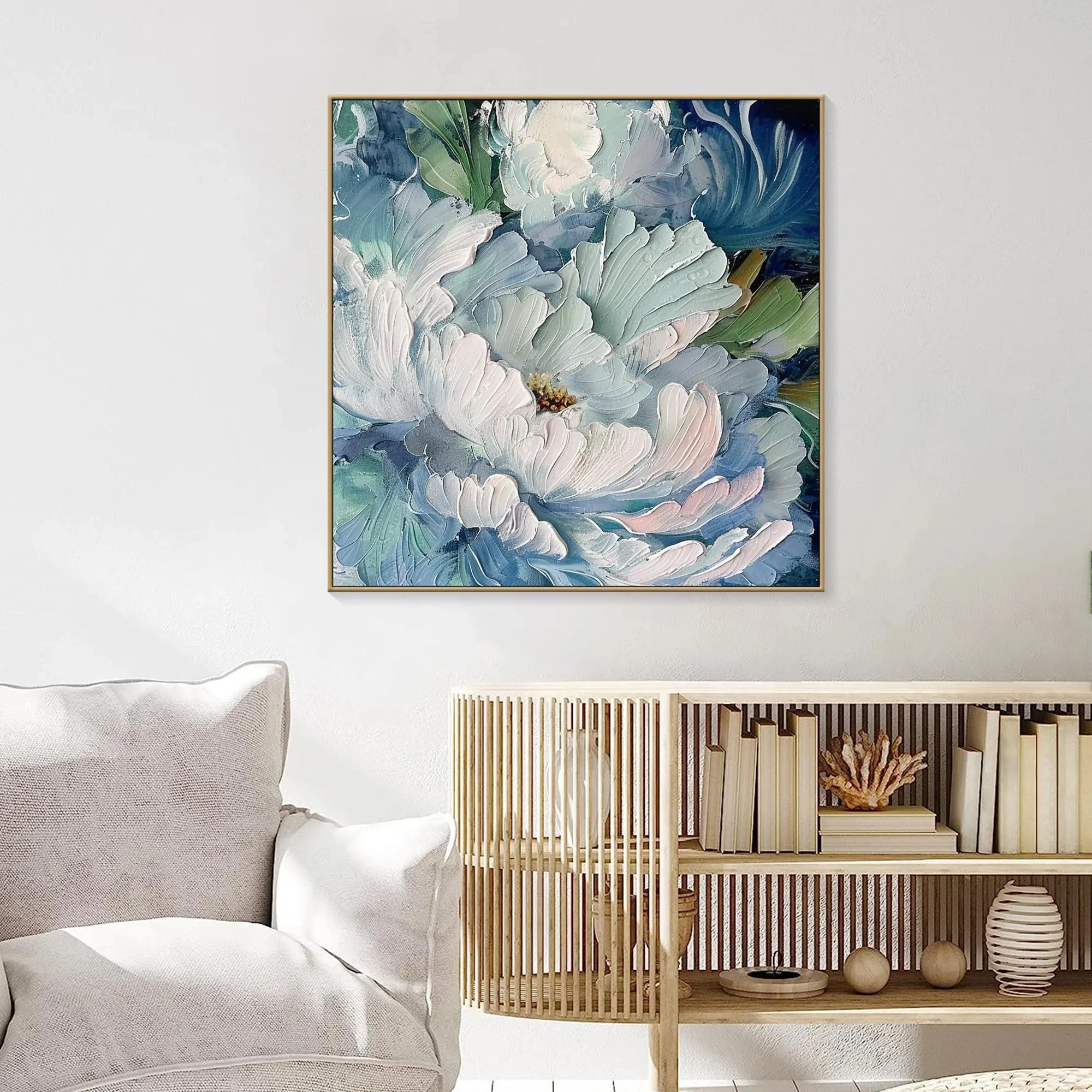 لوحة زيتية كبيرة على الطراز الفرنسي أنيقة باللون الأزرق الفاتح على شكل زهور، لوحة زيتية حديثة تجريدية، ديكور مثالي لغرفة المعيشة