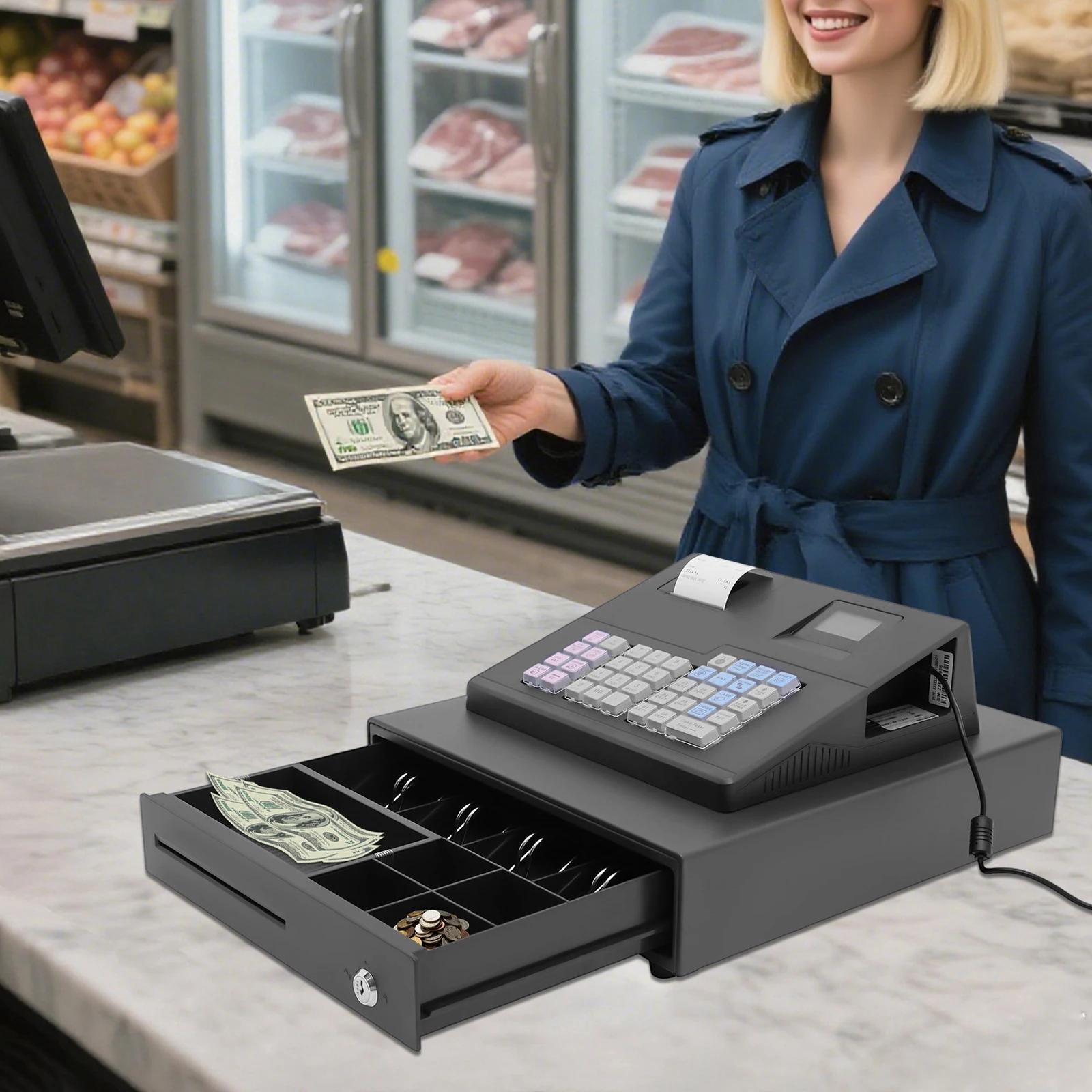 

Высокозащищенный термопринтерный кассовый аппарат с большой операционной панелью и интегрированной конструкцией, для супермаркетов, магазинов и т.д.