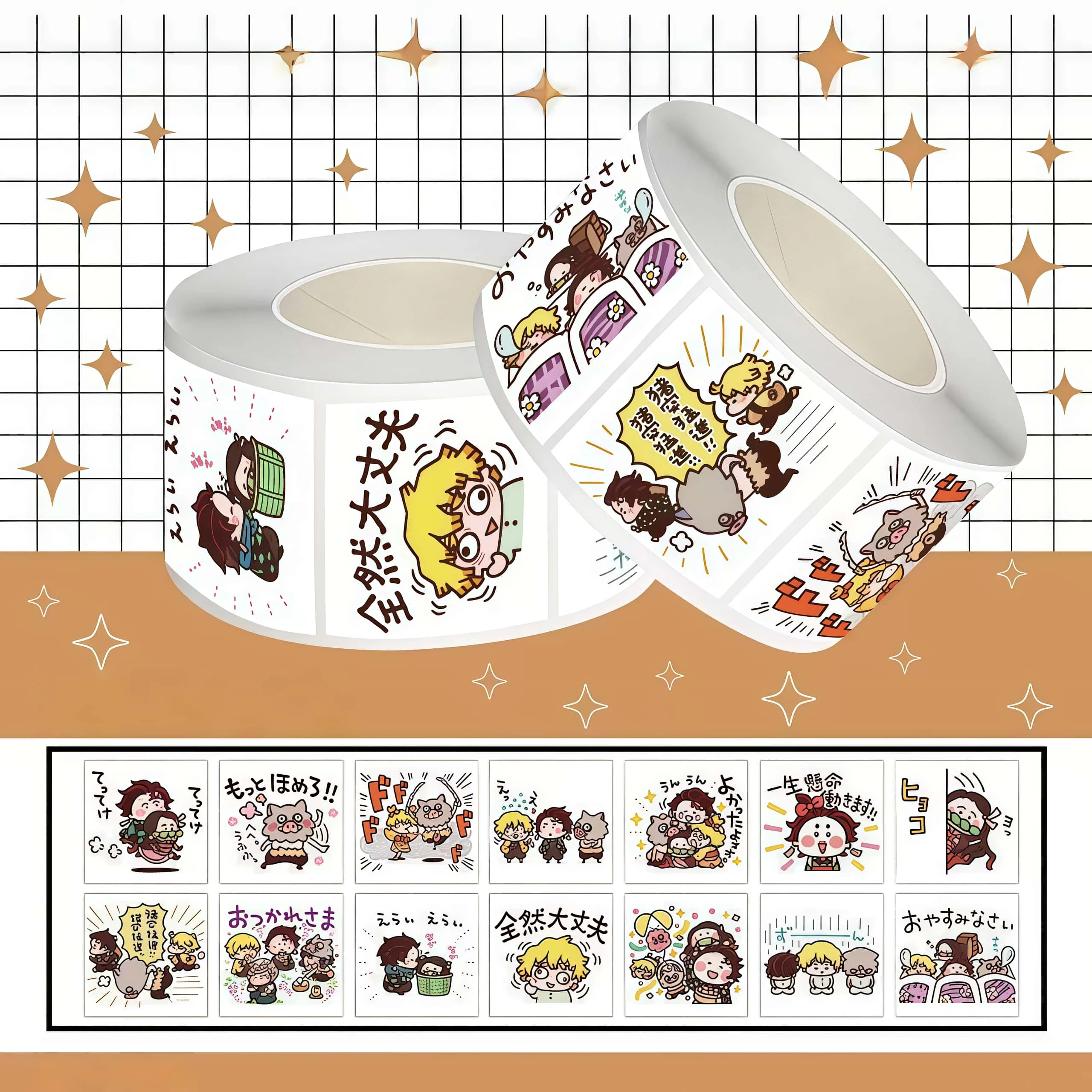 500Pcs Demon Slayer Chibi Trio Sticker Roll, Cute Japanese Text Anime Decals for Journaling, Package Sealing & DIY Craft Decor